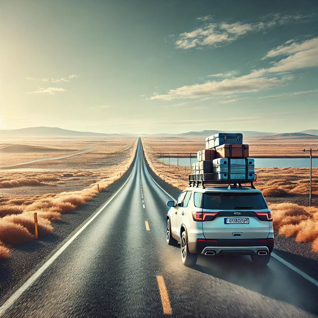 Αυτοκίνητο γεμάτο βαλίτσες σε ερημικό δρόμο, συμβολίζοντας την απόφαση να φύγω από την Αθήνα.