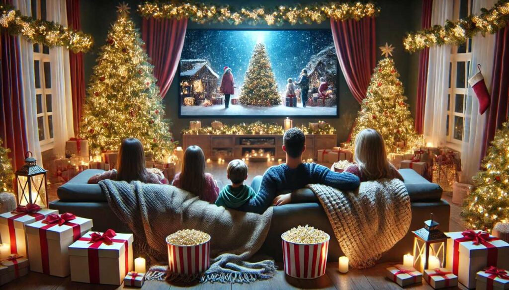 Χριστούγεννα στο σπίτι: Οικογένεια απολαμβάνει Χριστουγεννιάτικες ταινίες στο μίνι σινεμά στο σπίτι, με ποπ κορν και Χριστουγεννιάτικη ατμόσφαιρα.