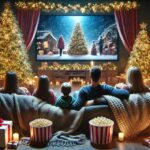 Χριστούγεννα στο σπίτι: Οικογένεια απολαμβάνει Χριστουγεννιάτικες ταινίες στο μίνι σινεμά στο σπίτι, με ποπ κορν και Χριστουγεννιάτικη ατμόσφαιρα.