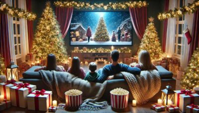 Χριστούγεννα στο σπίτι: Οικογένεια απολαμβάνει Χριστουγεννιάτικες ταινίες στο μίνι σινεμά στο σπίτι, με ποπ κορν και Χριστουγεννιάτικη ατμόσφαιρα.