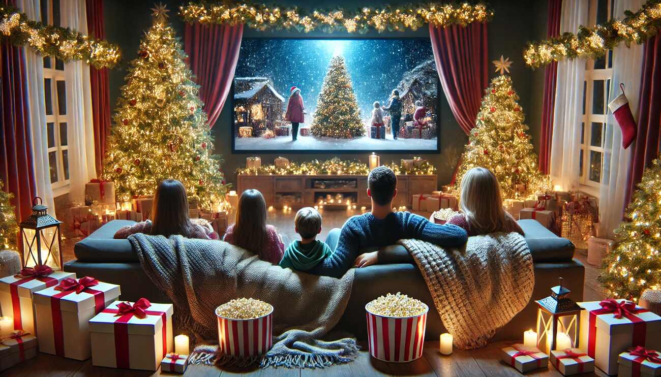 Χριστούγεννα στο σπίτι: Οικογένεια απολαμβάνει Χριστουγεννιάτικες ταινίες στο μίνι σινεμά στο σπίτι, με ποπ κορν και Χριστουγεννιάτικη ατμόσφαιρα.