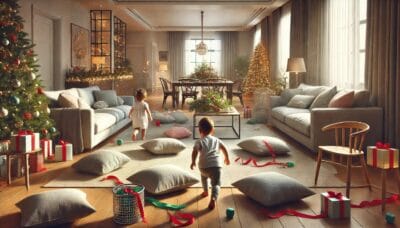 Δημιούργησε μια διαδρομή όλο εμπόδια στο σαλόνι σας με μαξιλάρια, καρέκλες και κορδέλες. Μια διασκεδαστική δραστηριότητα για να περάσουν τα παιδιά χωρίς να αγγίξουν τα εμπόδια, γεμίζοντας το σπίτι με χαρά και γέλια.