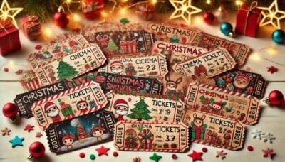 Παιδιά φτιάχνουν τα δικά τους εισιτήρια κινηματογράφου με χριστουγεννιάτικα σχέδια και αυτοκόλλητα.