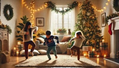 Παιδιά αντιγράφουν κινήσεις ζώων με χαρά και διασκέδαση στο σαλόνι, με Χριστουγεννιάτικη διακόσμηση γύρω τους.