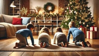 Δραστηριότητες για Παιδιά 4-12 Ετών - παιδιά παίζουν "χελώνα". Δημιουργικές ιδέες για να γεμίσετε το σπίτι με χαρά και γέλια τα Χριστούγεννα, όπως αυτή η διασκεδαστική δραστηριότητα όπου τα παιδιά σέρνονται για να φτάσουν στο τέλος του δωματίου όσο πιο αργά γίνεται.