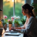 Μαμά που εργάζεται ως Virtual Assistant από το σπίτι, μπροστά από το laptop της, με καφέ και σημειωματάριο, έχοντας θέα σε κήπο με λουλούδια.