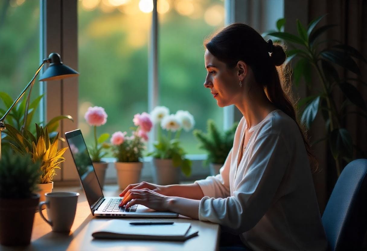 Μαμά που εργάζεται ως Virtual Assistant από το σπίτι, μπροστά από το laptop της, με καφέ και σημειωματάριο, έχοντας θέα σε κήπο με λουλούδια.