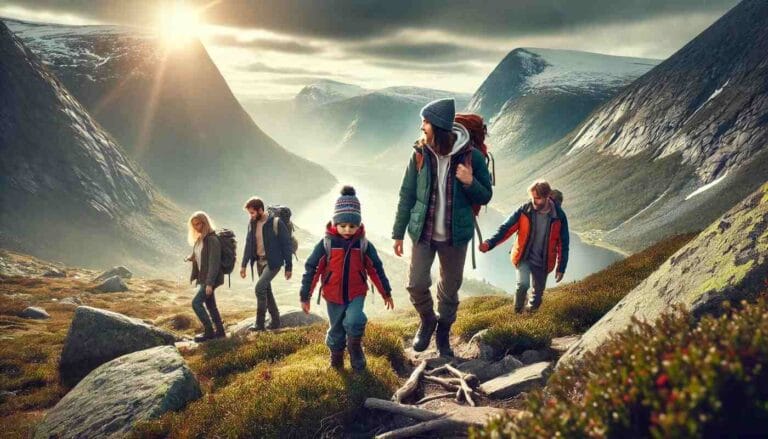 6 συνήθειες των μαμάδων στη Νορβηγία: οικογένεια σε πεζοπορία με παιδιά, τονίζοντας την ανεξαρτησία και τη φυσική δραστηριότητα των παιδιών