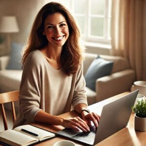 Μαμά που χρησιμοποιεί τεχνητή νοημοσύνη για να οργανώσει την καθημερινότητά της στο laptop