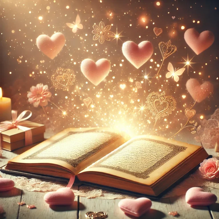 Ο Άγιος Βαλεντίνος των μαμάδων: Ανοιχτό βιβλίο με παραμύθια στο πάτωμα. Γεμάτο με ροζ καρδούλες και μαγική ατμόσφαιρα.