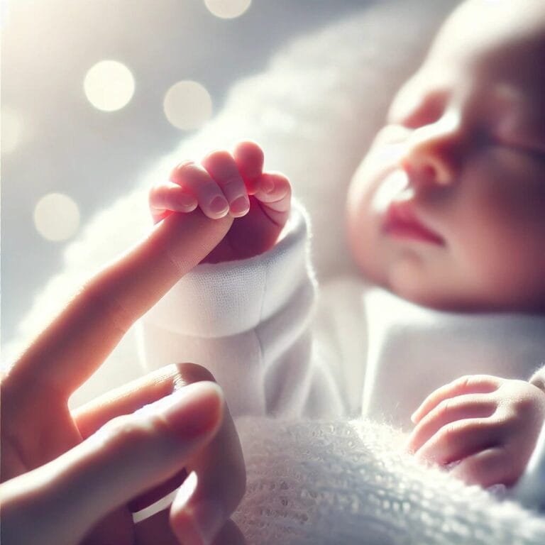 Ο Άγιος Βαλεντίνος των μαμάδων: Ένα νεογέννητο μωρό κρατά τρυφερά το δάχτυλο της μαμάς του σε ένα απαλό, φωτεινό περιβάλλον γεμάτο αγνότητα και αγάπη.