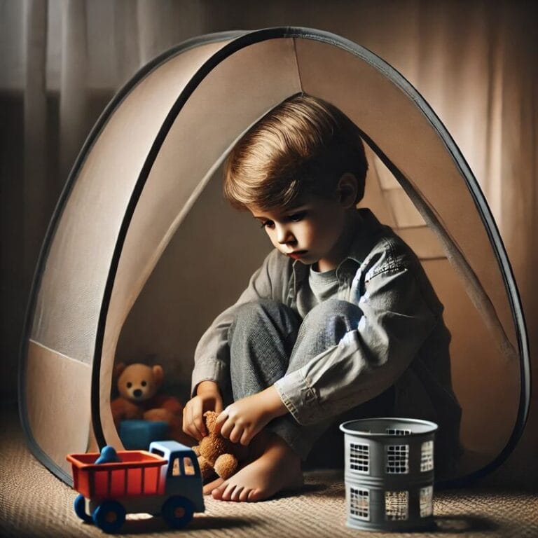 Συναισθηματικές δυσκολίες σε παιδιά: Αγόρι 6 ετών κάθεται μόνο του σε παιδική σκηνή, με θλιμμένη έκφραση και αίσθημα απομόνωσης.