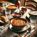 Παραδοσιακή φασολάδα στη χύτρα, σερβιρισμένη σε ξύλινο τραπέζι με ψωμί, ποτήρια νερού και μαχαιροπίρουνα. Ιδανικό ελληνικό χειμωνιάτικο φαγητό, γρήγορο και νόστιμο.