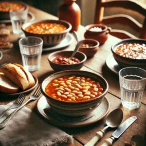 Παραδοσιακή φασολάδα στη χύτρα, σερβιρισμένη σε ξύλινο τραπέζι με ψωμί, ποτήρια νερού και μαχαιροπίρουνα. Ιδανικό ελληνικό χειμωνιάτικο φαγητό, γρήγορο και νόστιμο.