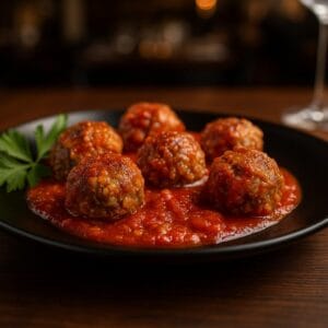 Γιουβαρλάκια κοκκινιστά στη χύτρα σερβιρισμένα σε μαύρο πιάτο με πλούσια σάλτσα ντομάτας.