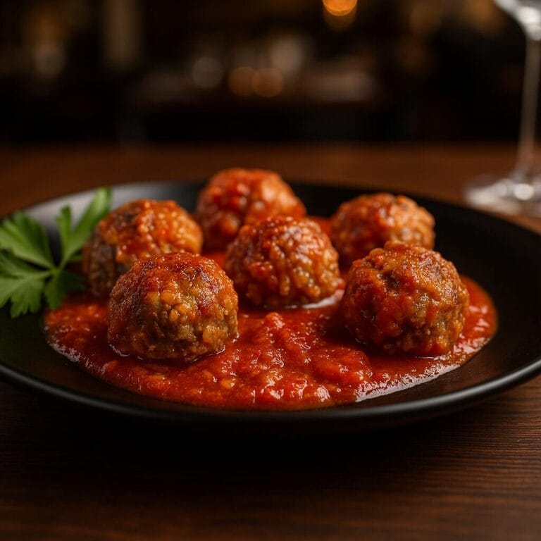 Γιουβαρλάκια κοκκινιστά στη χύτρα σερβιρισμένα σε μαύρο πιάτο με πλούσια σάλτσα ντομάτας.