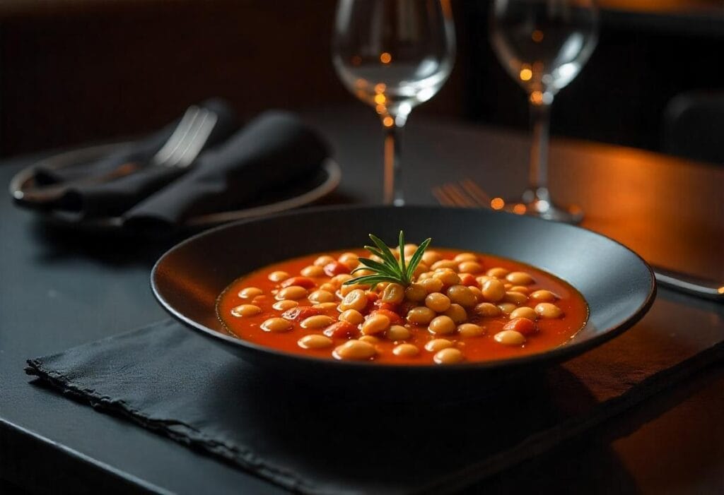 Φασολάδα στη χύτρα σε μαύρο πιάτο, σερβιρισμένη σε γκουρμέ στυλ, με μαχαιροπίρουνα και κρασί στο τραπέζι.