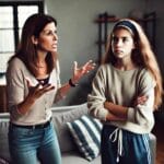 Μητέρα 40 ετών τσακώνεται με την έφηβη κόρη της 15 ετών στο σαλόνι του σπιτιού. Έντονη συναισθηματική ένταση στη σχέση τους.