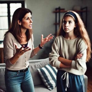 Μητέρα 40 ετών τσακώνεται με την έφηβη κόρη της 15 ετών στο σαλόνι του σπιτιού. Έντονη συναισθηματική ένταση στη σχέση τους.