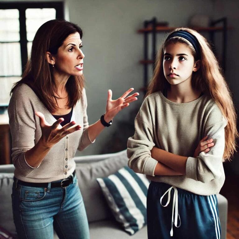 Μητέρα 40 ετών τσακώνεται με την έφηβη κόρη της 15 ετών στο σαλόνι του σπιτιού. Έντονη συναισθηματική ένταση στη σχέση τους.