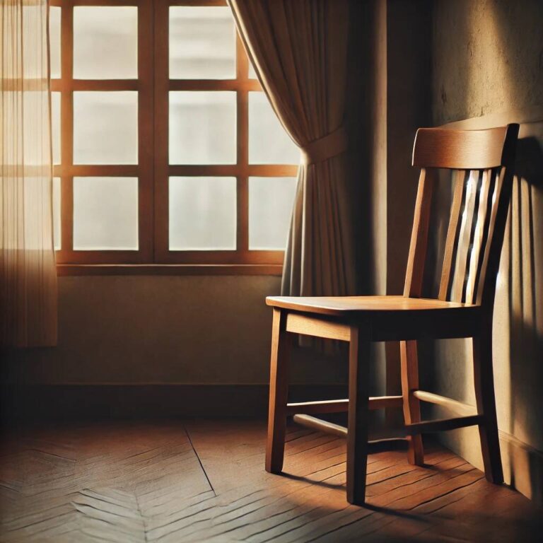 Άδεια ξύλινη καρέκλα δίπλα σε παράθυρο με φυσικό φως, συμβολίζοντας την απουσία της μαμάς και τις αναμνήσεις που μένουν ζωντανές.