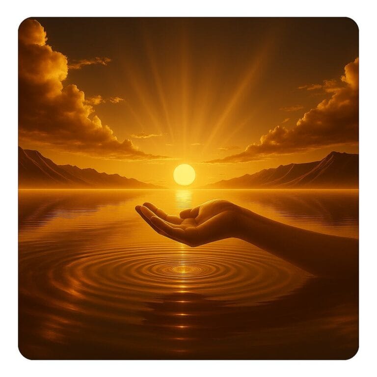 Χέρι απλωμένο προς τον ήλιο που δύει σε χρυσό ορίζοντα, με κύκλους στο νερό, συμβολίζοντας την απουσία της μαμάς και την αγάπη που μένει ζωντανή.