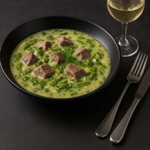 Μαύρο πιάτο με μαγειρίτσα από μοσχάρι, μαχαιροπίρουνο και ποτήρι κρασιού δίπλα