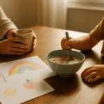 Μαμά και παιδί κάθονται ήρεμα στο τραπέζι, τρώνε και παίζουν με φυσικό φως