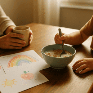 Μαμά και παιδί κάθονται ήρεμα στο τραπέζι, τρώνε και παίζουν με φυσικό φως