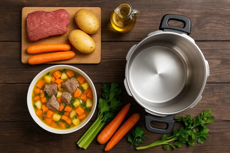 flatlay χύτρα ταχύτητας με πατάτες, καρότα και σούπα – υλικά για ασφαλές μαγείρεμα