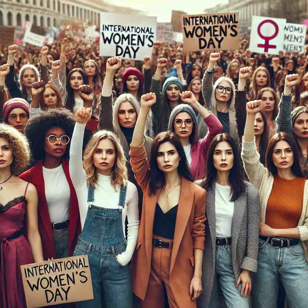 Γυναίκες διαδηλώνουν για τα δικαιώματα της γυναίκας την 8η Μαρτίου, διεκδικώντας ισορροπία μητρότητας και καριέρας