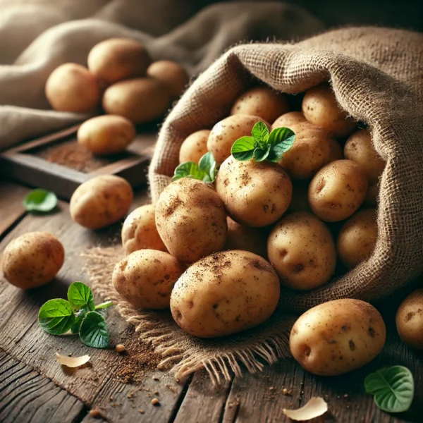 Φρέσκες, ακαθάριστες πατάτες με λίγο χώμα, απλωμένες σε ξύλινο τραπέζι, δίπλα σε λινάτσα και απαλό φυσικό φως.