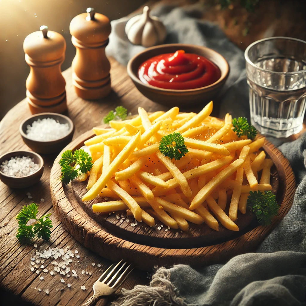 Πατάτες Τηγανητές στον Air Fryer σε ξύλινο τραπέζι, με μικρή γαρνιτούρα αλατιού και μαϊντανού.