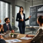 Η ισορροπία μητρότητας και καριέρας είναι εφικτή: Επαγγελματίας γυναίκα και μαμά με κοστούμι παρουσιάζει μια στρατηγική σε συναδέλφους.