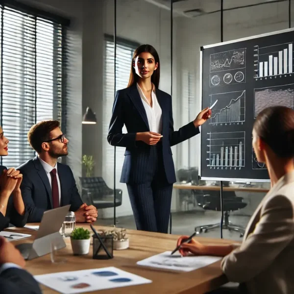 Η ισορροπία μητρότητας και καριέρας είναι εφικτή: Επαγγελματίας γυναίκα και μαμά με κοστούμι παρουσιάζει μια στρατηγική σε συναδέλφους.