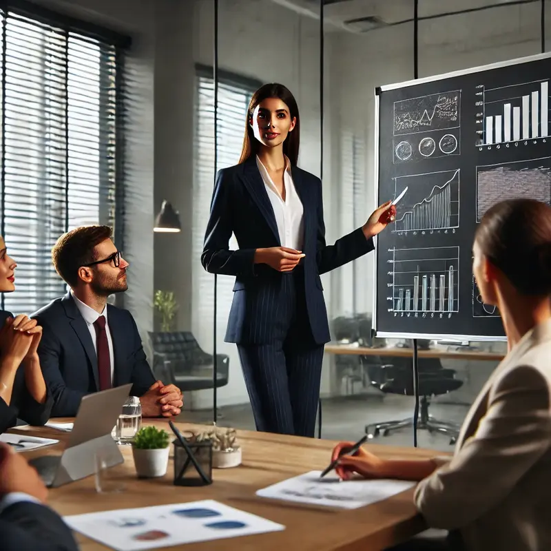 Η ισορροπία μητρότητας και καριέρας είναι εφικτή: Επαγγελματίας γυναίκα και μαμά με κοστούμι παρουσιάζει μια στρατηγική σε συναδέλφους.