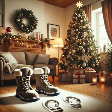Tα ίχνη του Άγιου Βασίλη από τις μπότες του στο στολισμένο σαλόνι, όταν επισκέφθηκε το σπίτι των παιδιών. Οικονομικές ιδέες με Χριστουγεννιάτικη διάθεση-MaMas Odyssey.gr